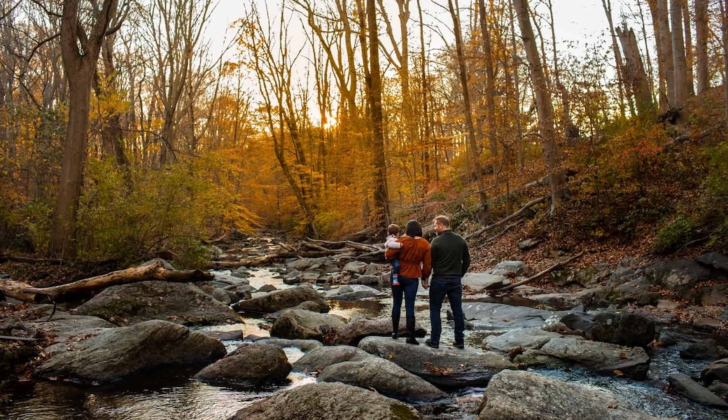 A woman holding a baby holds hands with a man standing on a rock in the middle of a stream in an autumn forest.