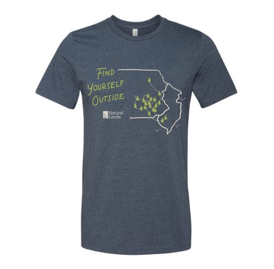 Graphic image of a bluish gray tshirt with Natural Lands' "Find Yourself Outside" imagery