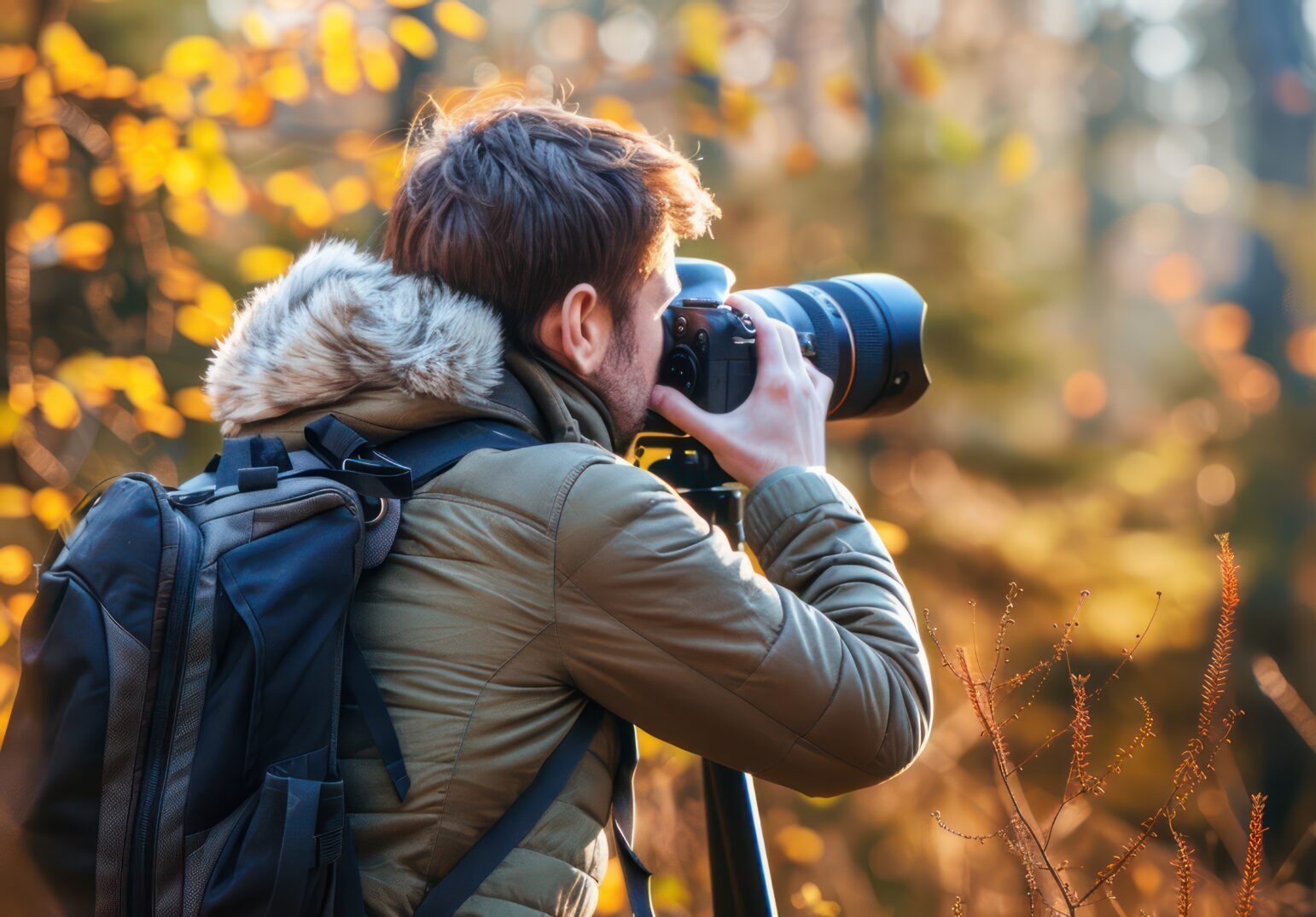 a male with a winter coat and backpack taking nature photos with a camera