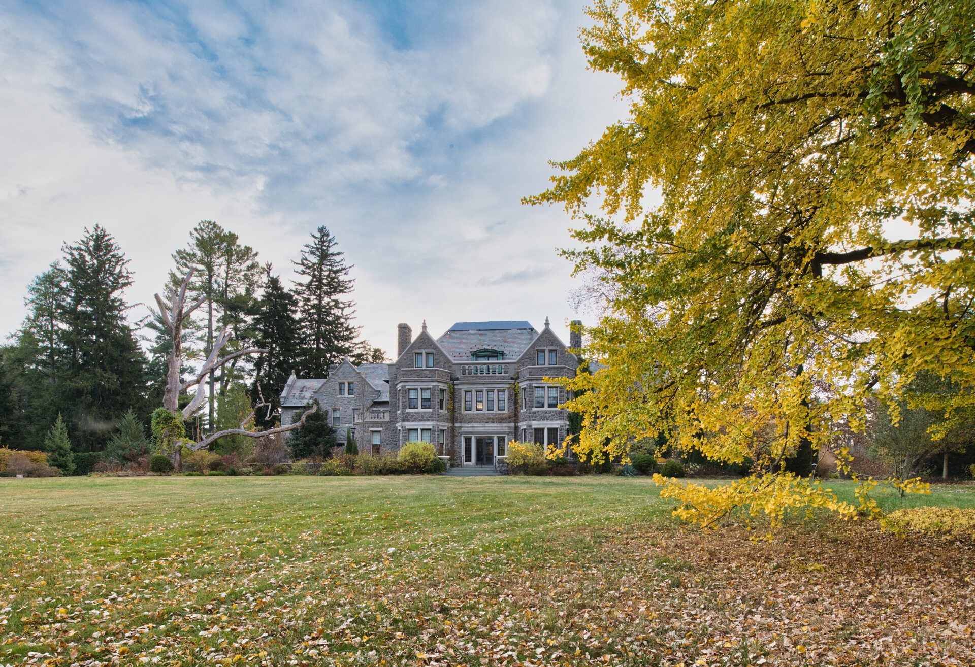 Photo by David Korbonits
 - The Main House at Stoneleigh in the fall, with the bright yellow leaves of the Ginkgo tree.
