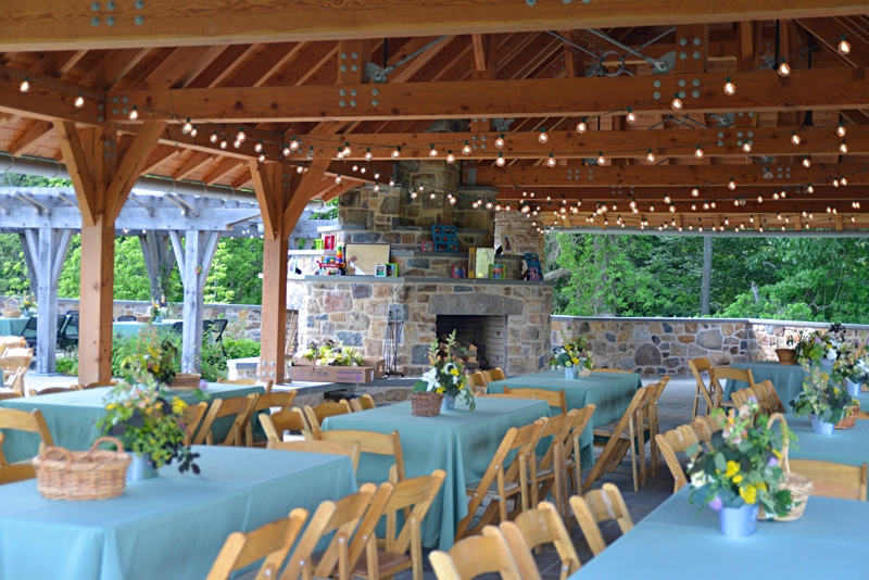 Photo by Jim Moffett
 - The pavilion with stone fireplace at the Lenfest Center set up for an event at ChesLen Preserve.
