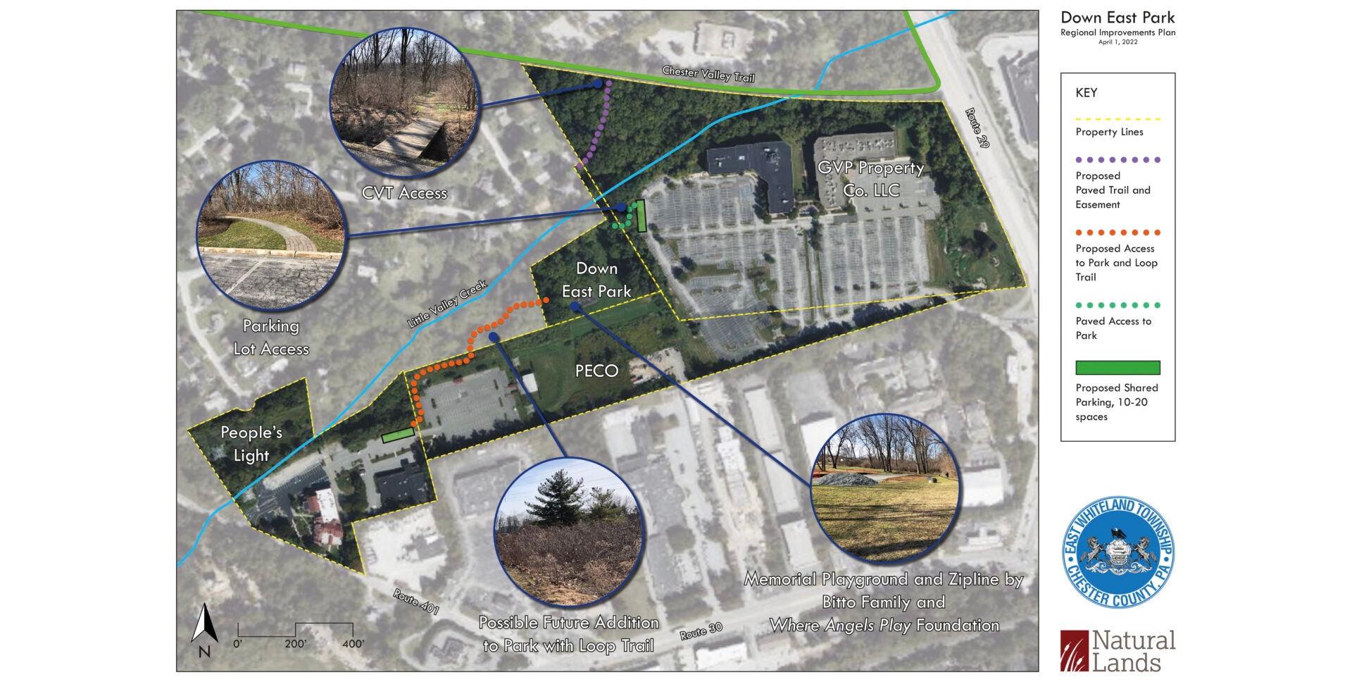 an aerial map of a park with call out text and photos