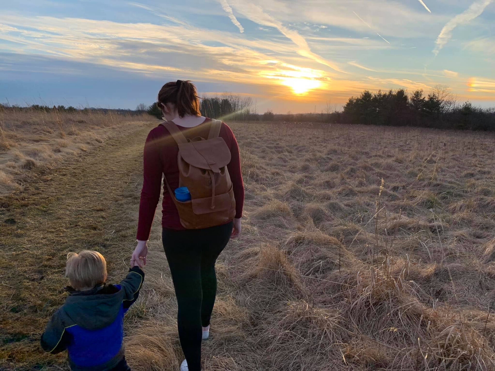 A woman holding the hand of a young child walking on a mown trail through brown grasses at sunset - A woman and child walking on a trail at sunset at Gwynedd Preserve in winter.
