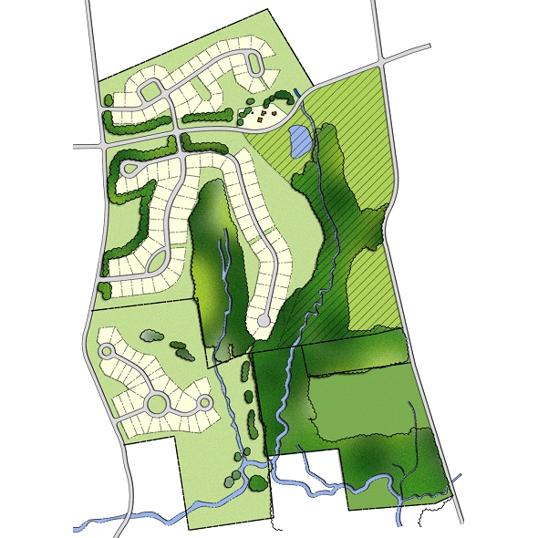 A 2-D rendering of a conservation subdivision showing open spaces, waterways, building lots, and streets.