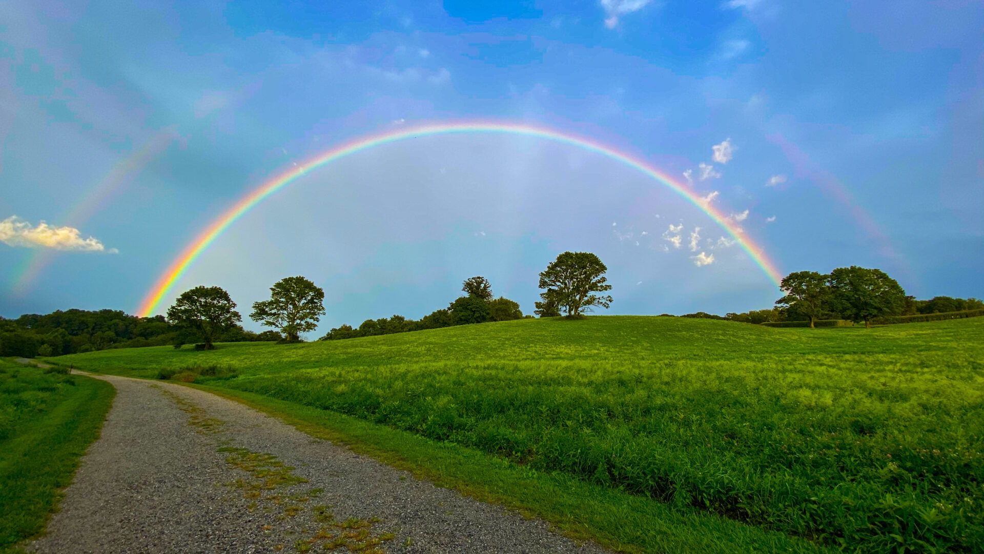 a rainbow and blue sky above green fields and a gravel path