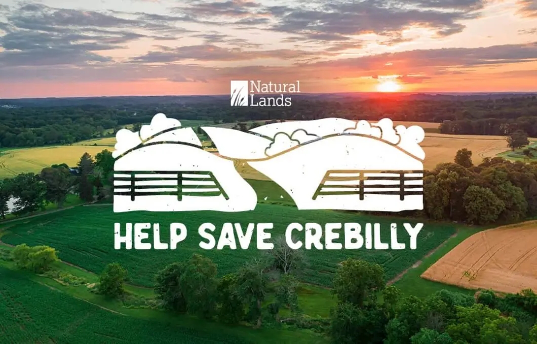 Help Save Crebilly logo over a sunset image of Crebilly Farm