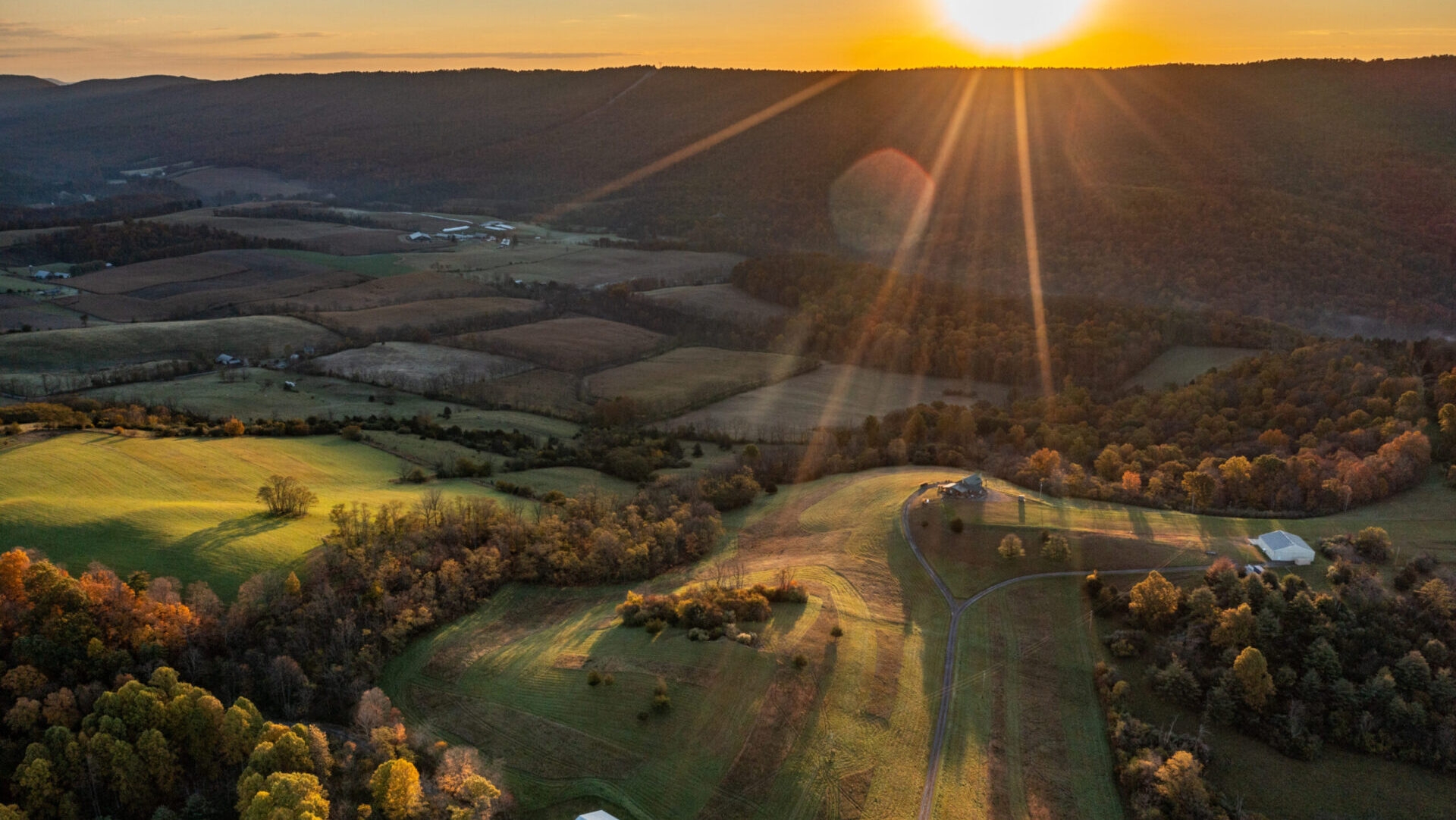 Drone photo of a farm in autumn