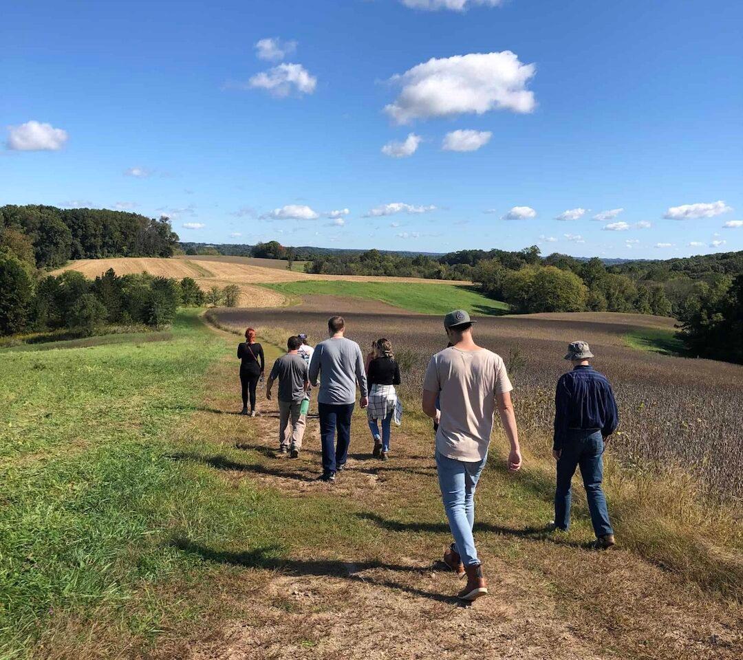 A group of people walking away from the camera down a dirt trail in a meadow with blue skies and puffy clouds overhead.