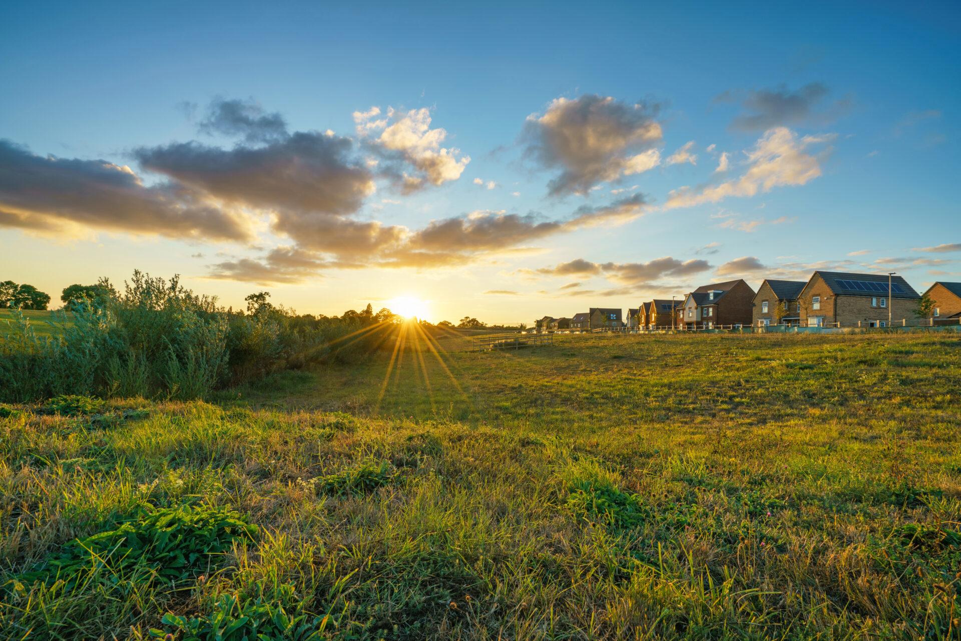 the sun setting over an expansive open field with a stretch of houses on one side