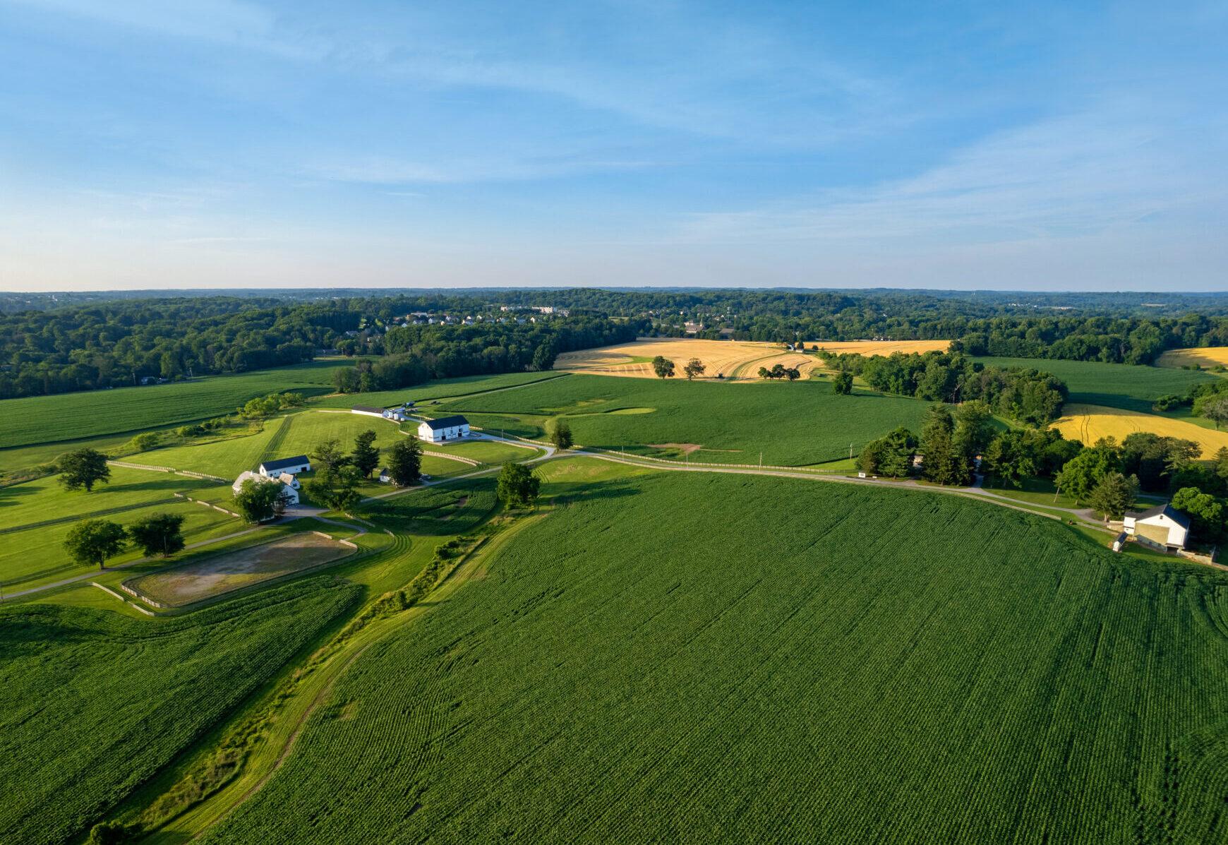 an aerial view of a vast farmland with trees on the horizon