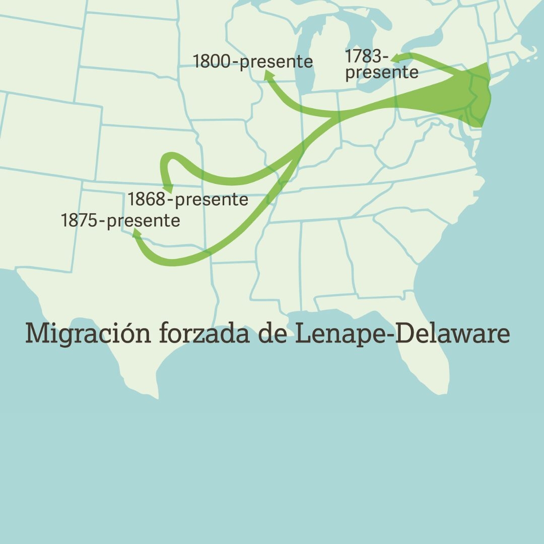 digitally illustrated diagram of migration patterns of the Lenape nation starting in the year 1783. Branched arrows extend from the New England area and move West