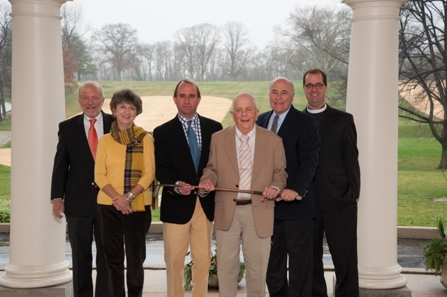 On the grounds of the St. Martin’s nine-hole course, the Woodward Family, Philadelphia Cricket Club, and Natural Lands Trust (NLT) celebrate the finalization of a conservation easement of nearly 41 acres in Chestnut Hill. (From left) Chestnut Hill Historical Society President Randolph Williams, Natural Lands Trust President Molly Morrison, Charles Woodward, George Woodward III, Philadelphia Cricket Club President Michael Vergare and The Rev. Jarrett Kerbel, Rector, The Church of St. Martin-in-the-Fields.