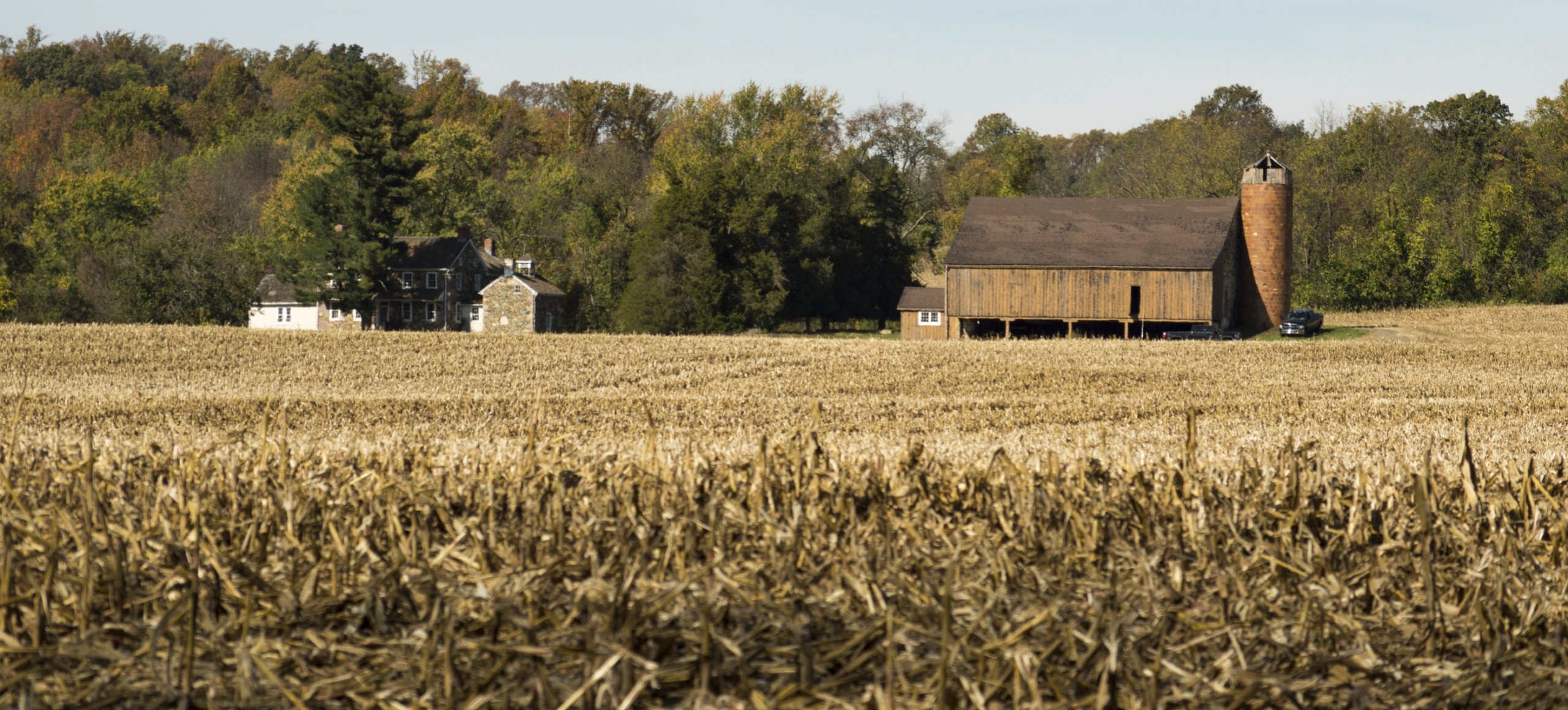 A stone house and a barn on a crop field with trees in the background.
