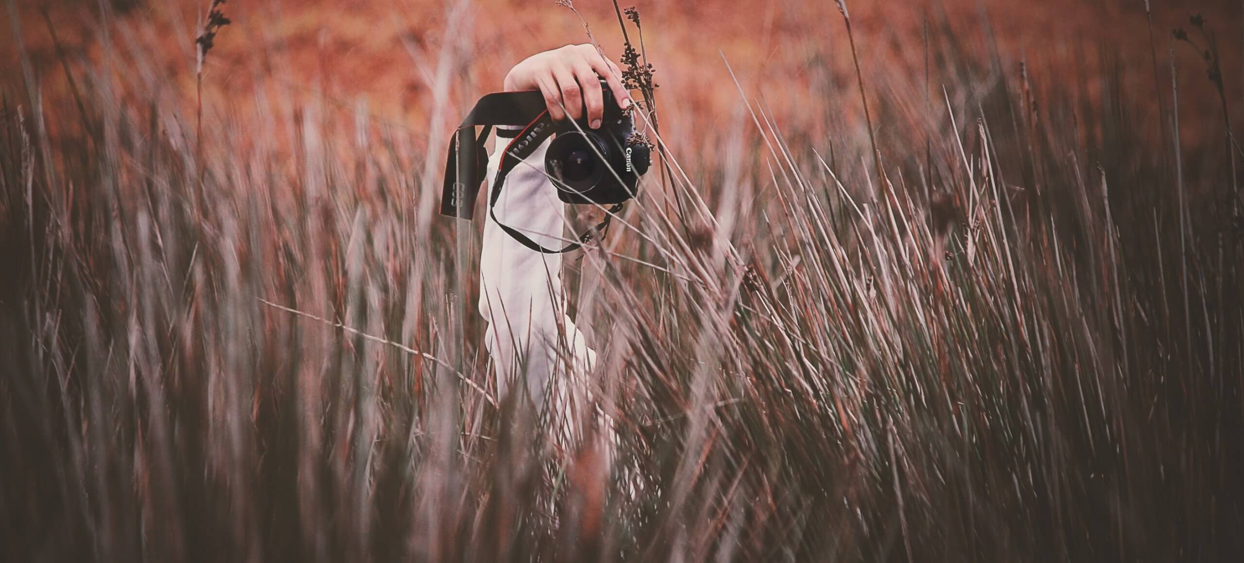 A person holds a camera up in a field of tall brown grass.