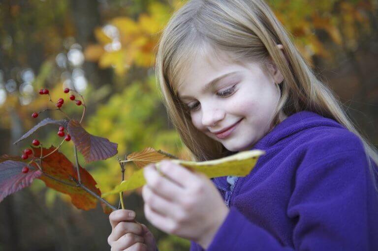 A young girl holds autumn leaves and smiles.