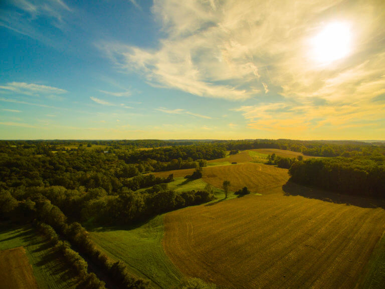 A drone landscape of agricultural fields surrounded by trees under a blue sky.