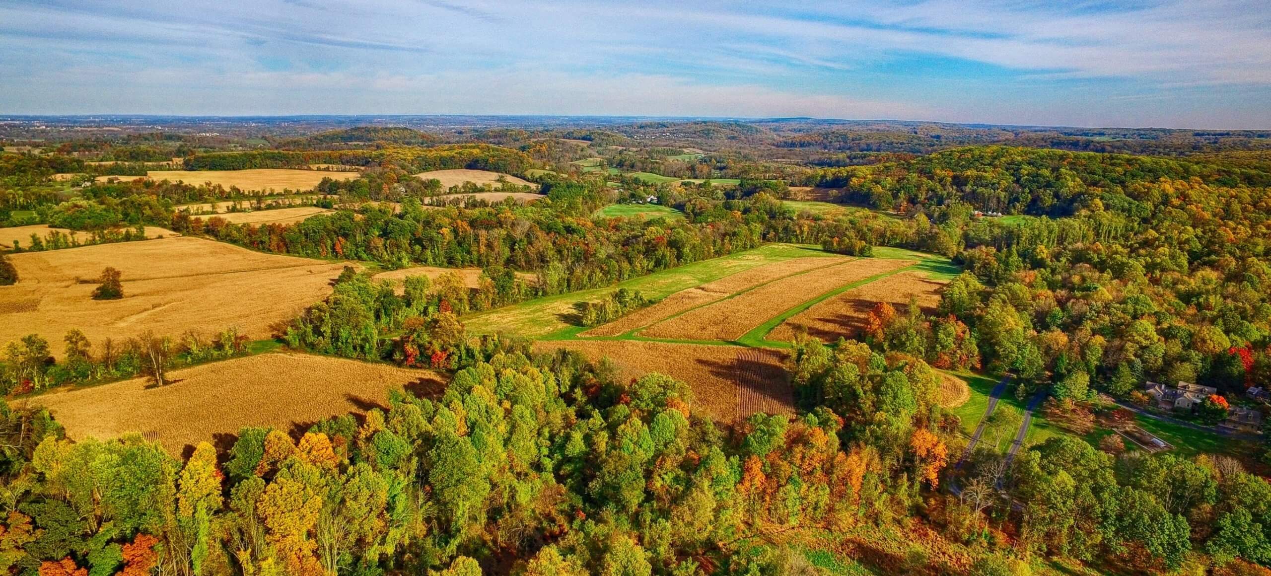 A drone photo of a natural autumn landscape of farm feilds and trees under a blue sky with whispy white clouds.