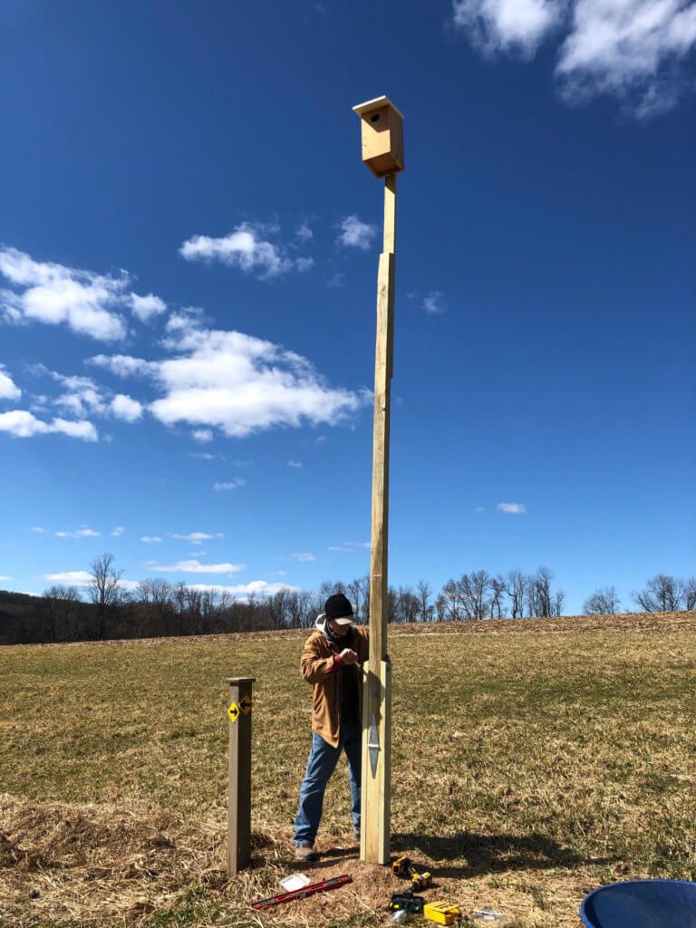 A person works on a tall nest box in a field.
