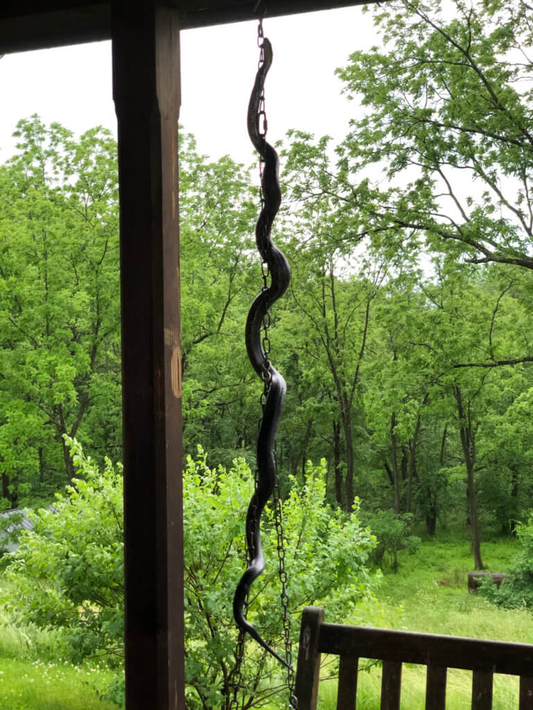 A snake wound around the chain of a wooden porch swing.