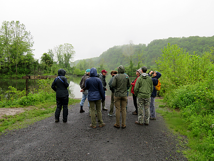 A group of people standing on a trail in a misty landscape.