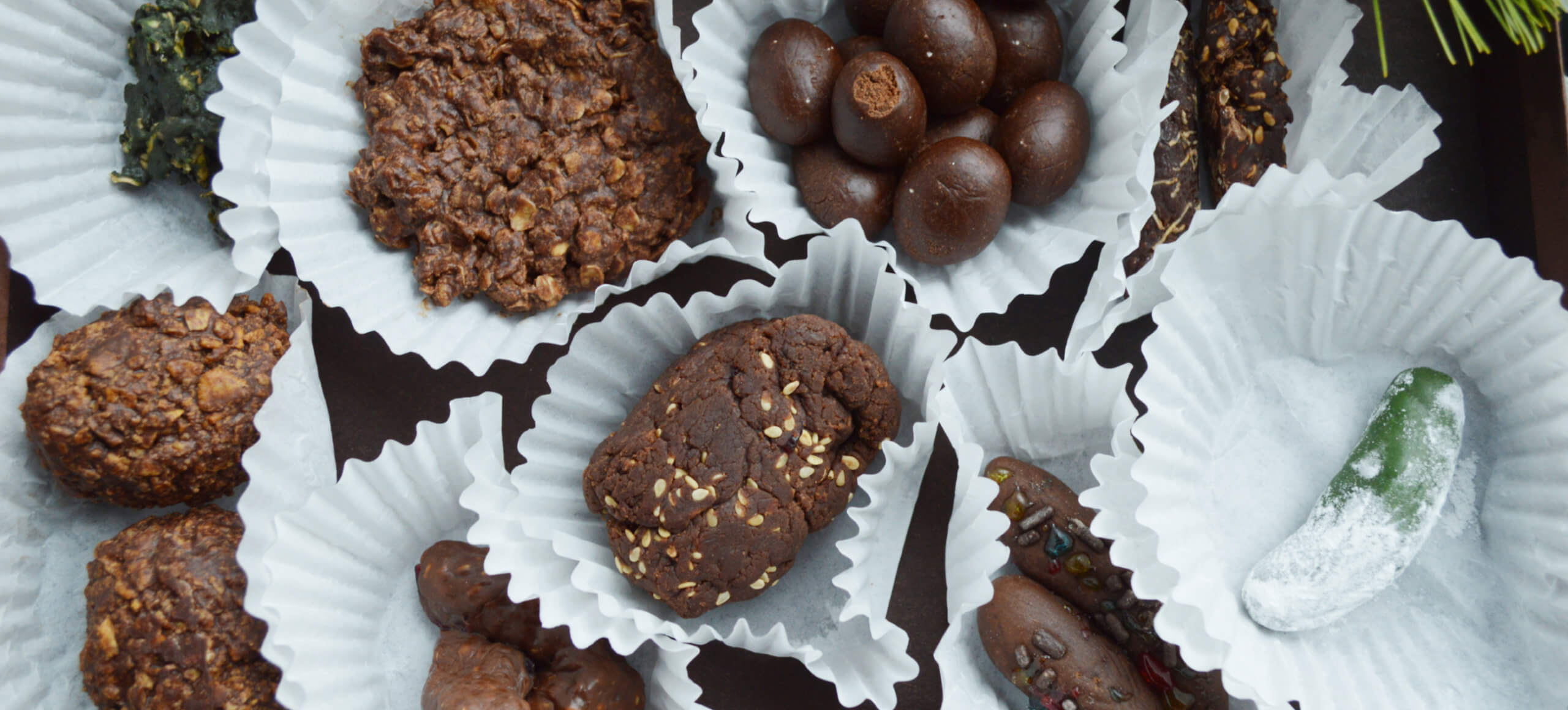 A selection of chocolates shaped to look like animal scat in white cupcake liners.