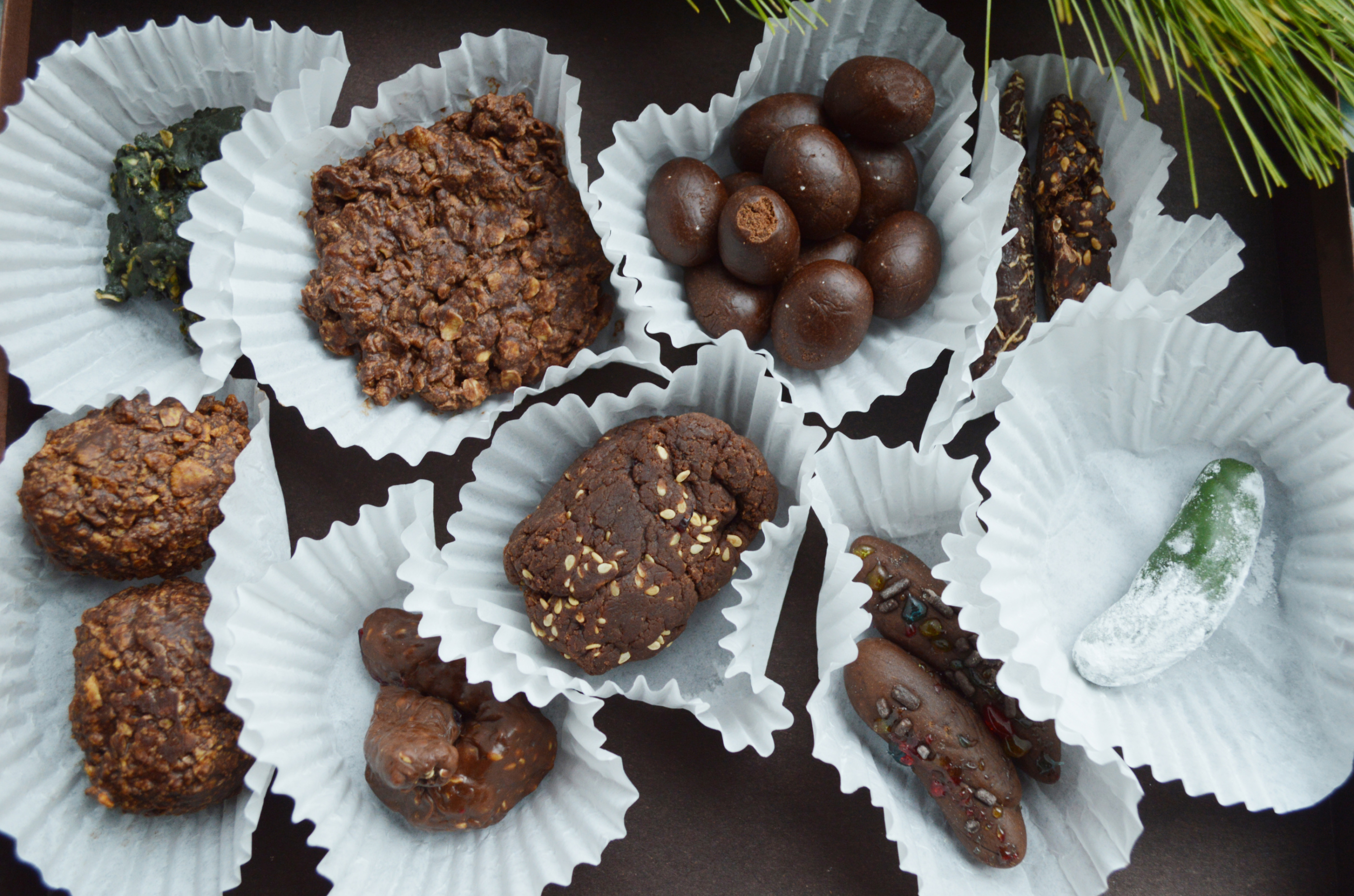 A selection of chocolates shaped to look like animal scat in white cupcake liners.