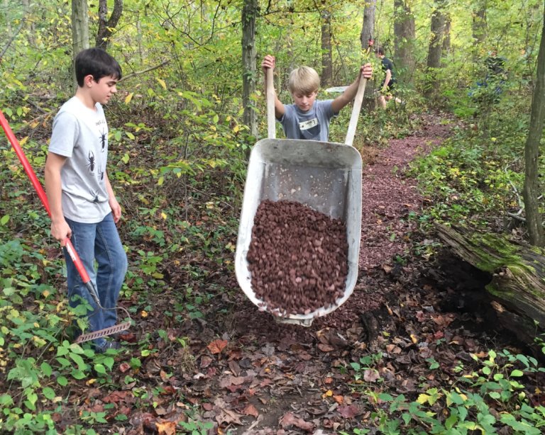 Children use a wheelbarrow to create a trail through the woods