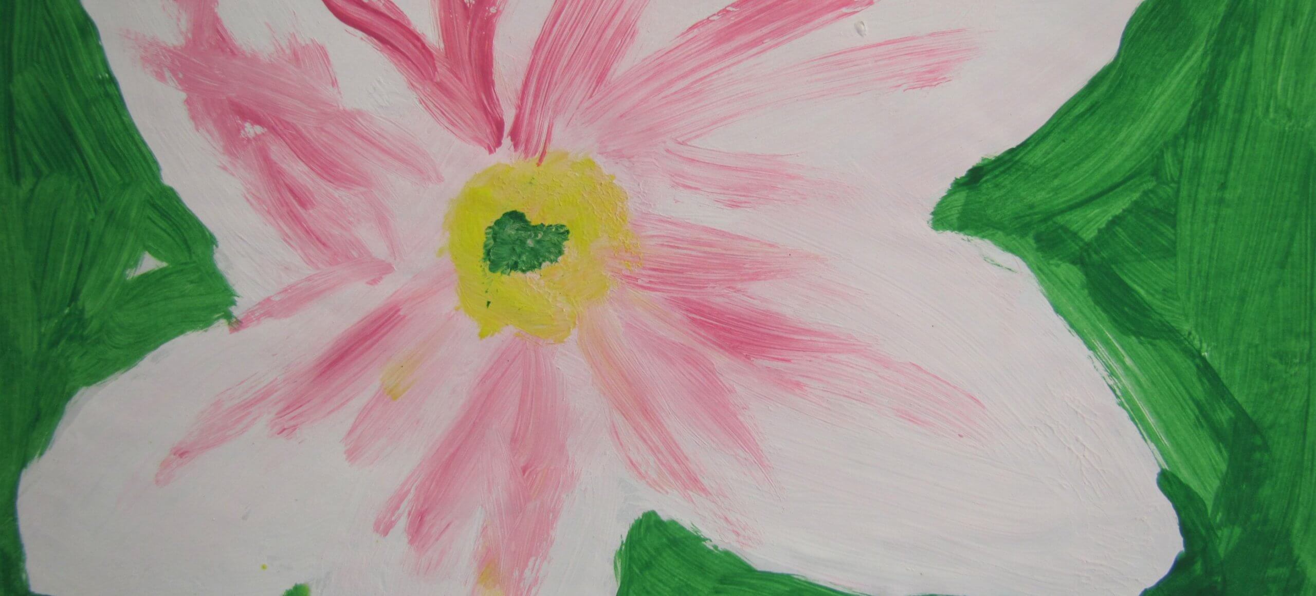 A painting of a pink and white flower.