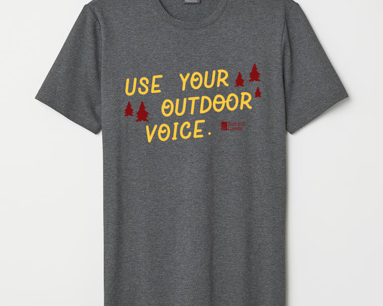 Grey t-shit with the words "use your outdoor voice" in yellow