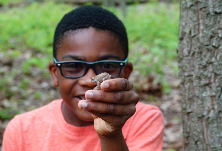 A child wearing a pink shirt and glasses stands in a natural setting next to a tree holding out a small frog on his hand.