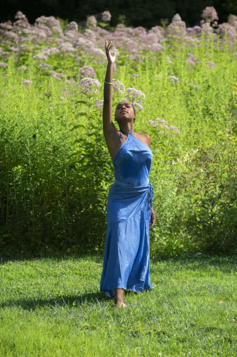 A woman wearing a blue dress reaches one hand upwards in front of a meadow of tall wildflowers.