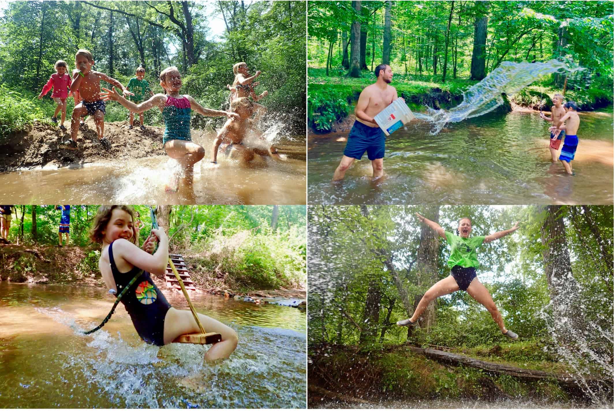 A collage of pictures of kids playing in the creek