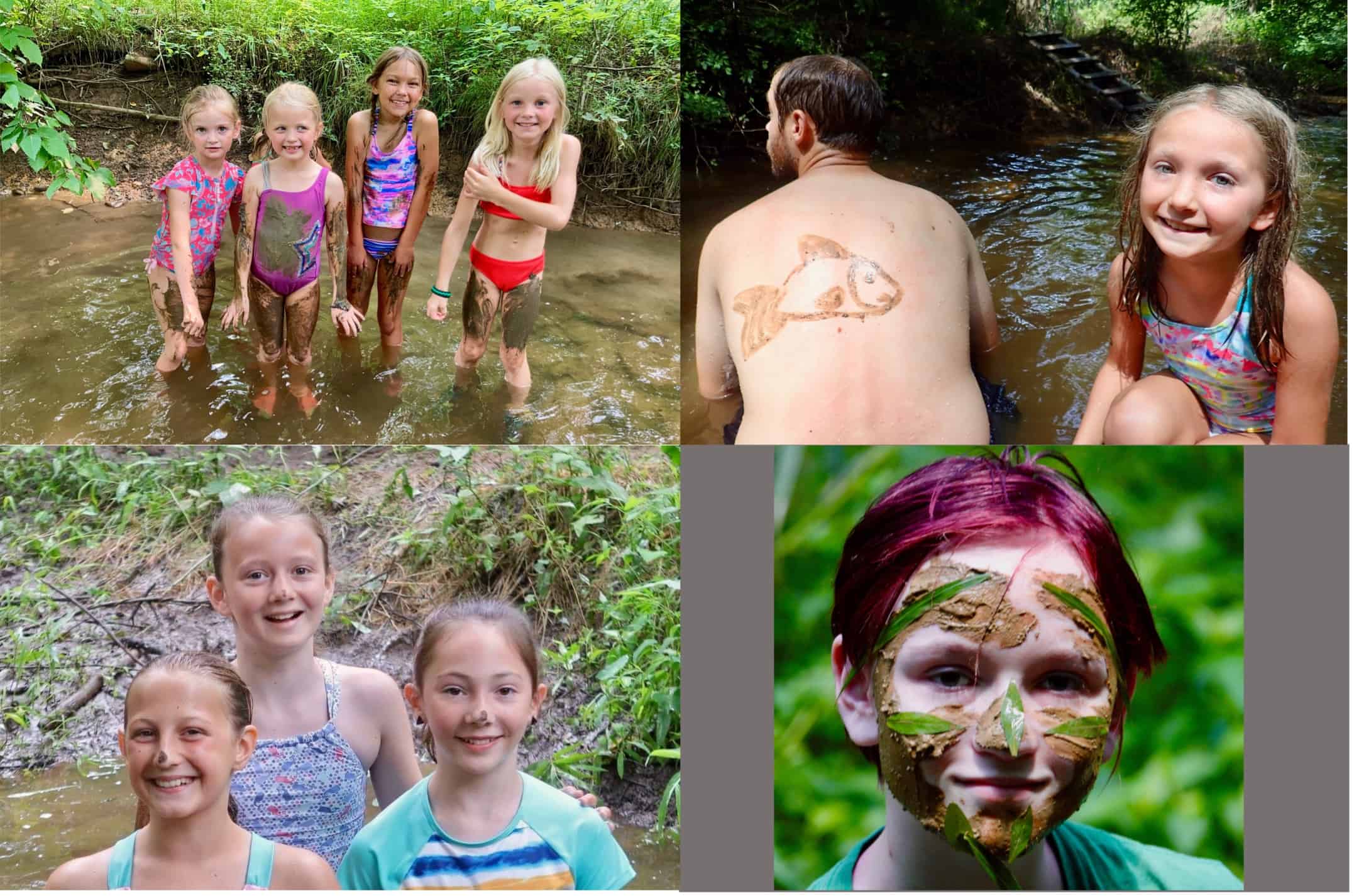 A collage of pictures of kids playing with mud at camp