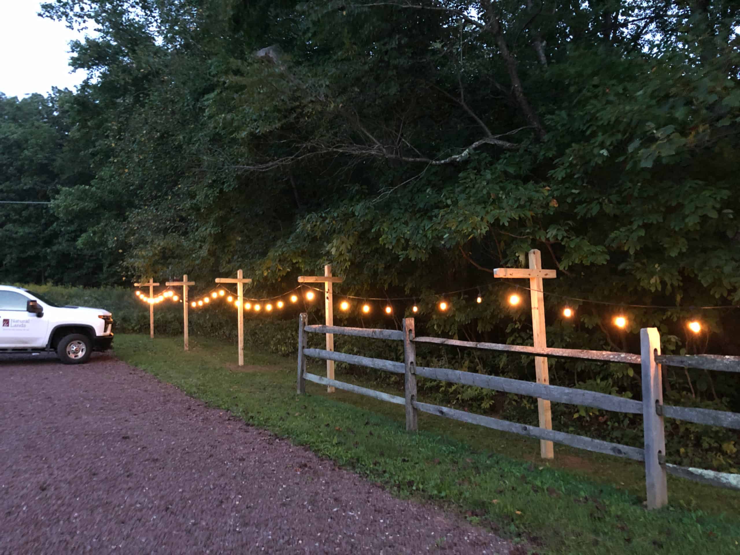 A string of lights on new posts illuminates the parking lot at Crow's Nest Preserve