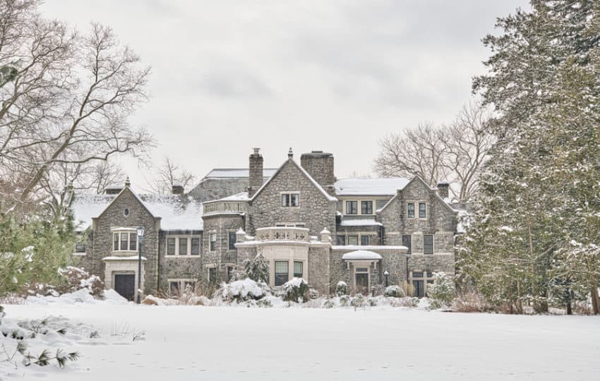 The stone house at Stoneleigh and the great lawn covered in a blanket of white snow.