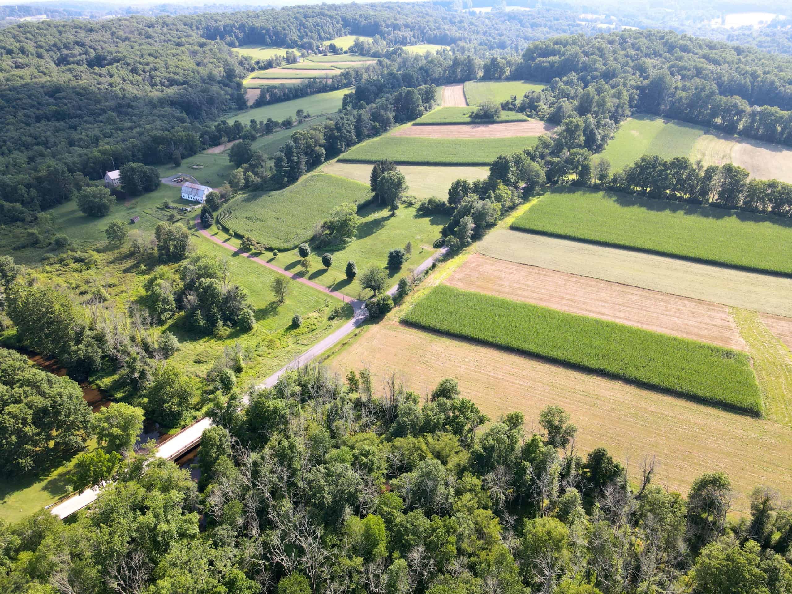 Aerial photo of farm fields and woods at Crow's Nest Preserve