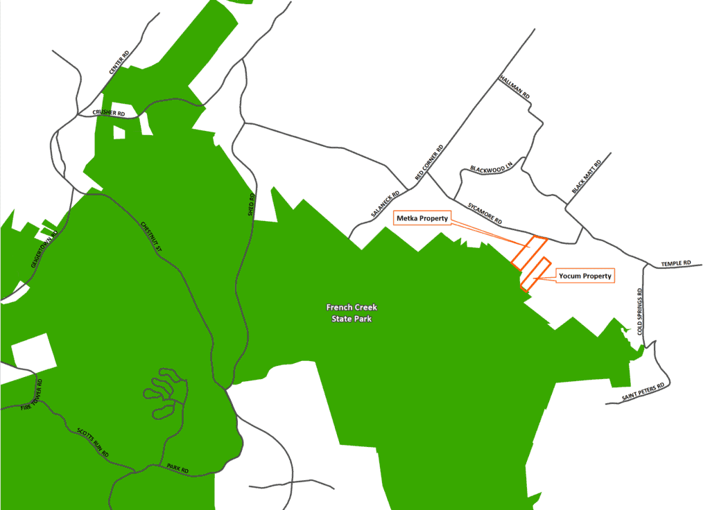 Map of French Creek State Park noting the Metka and Yocum Properties
