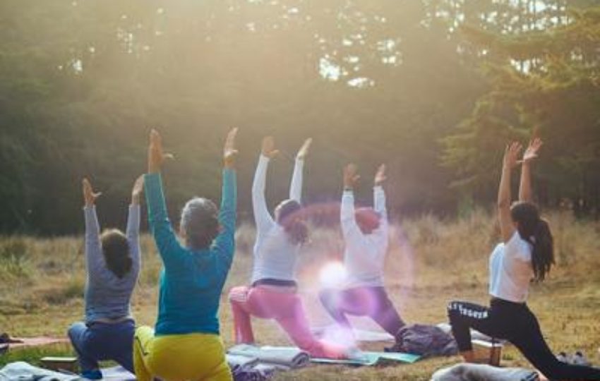 A group of five women in sun salutation pose on yoga mats outdoors in a meadow with tall pine trees in the background. The sun is setting just below the tree tops.