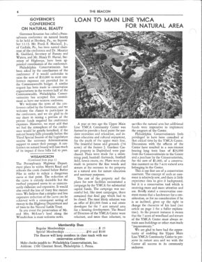 The Beacon newsletter from 1966, featuring headline 'Loan to Main Line YMCA for natural area.'