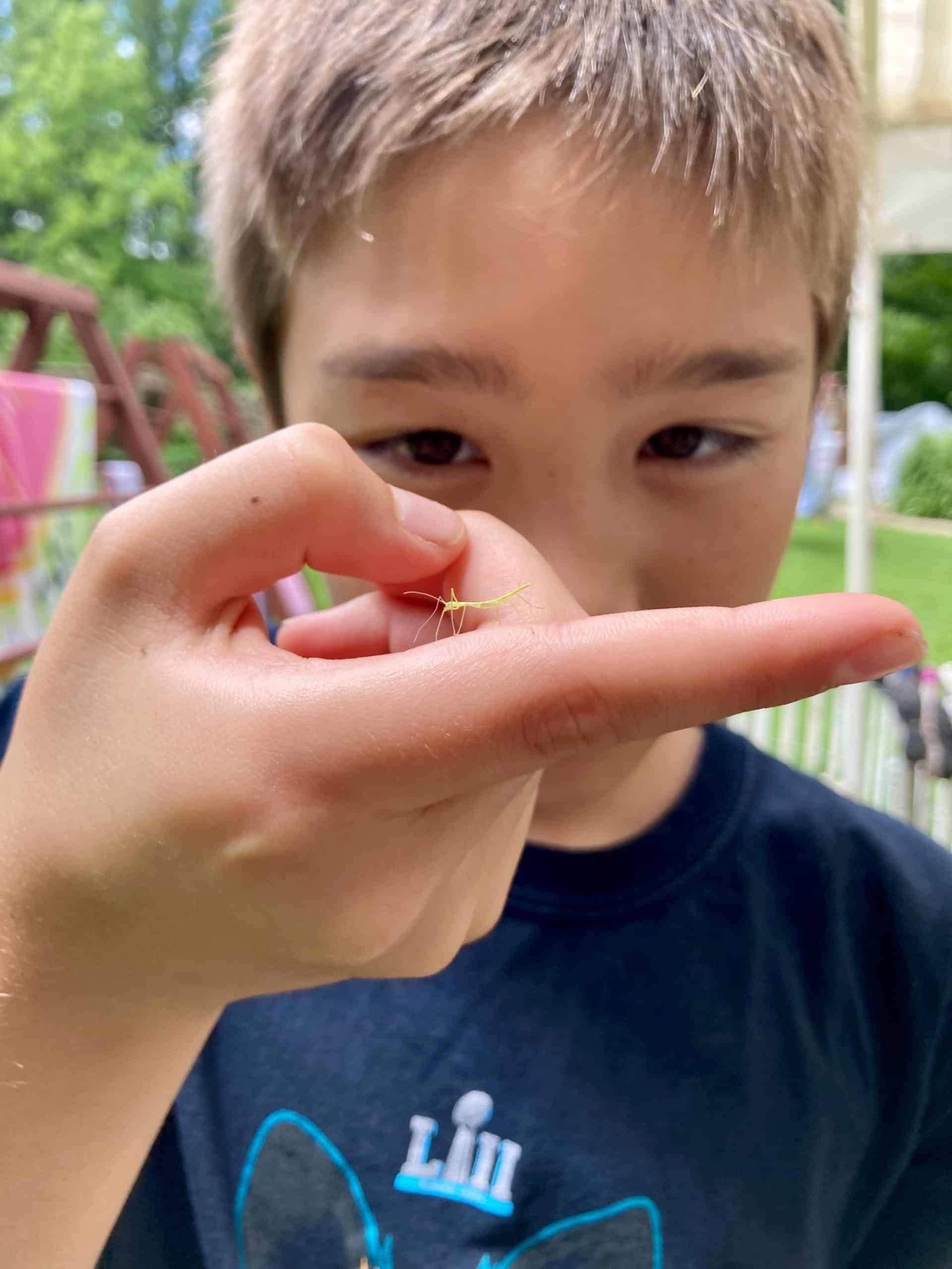 Summer camper with an insect on his finger