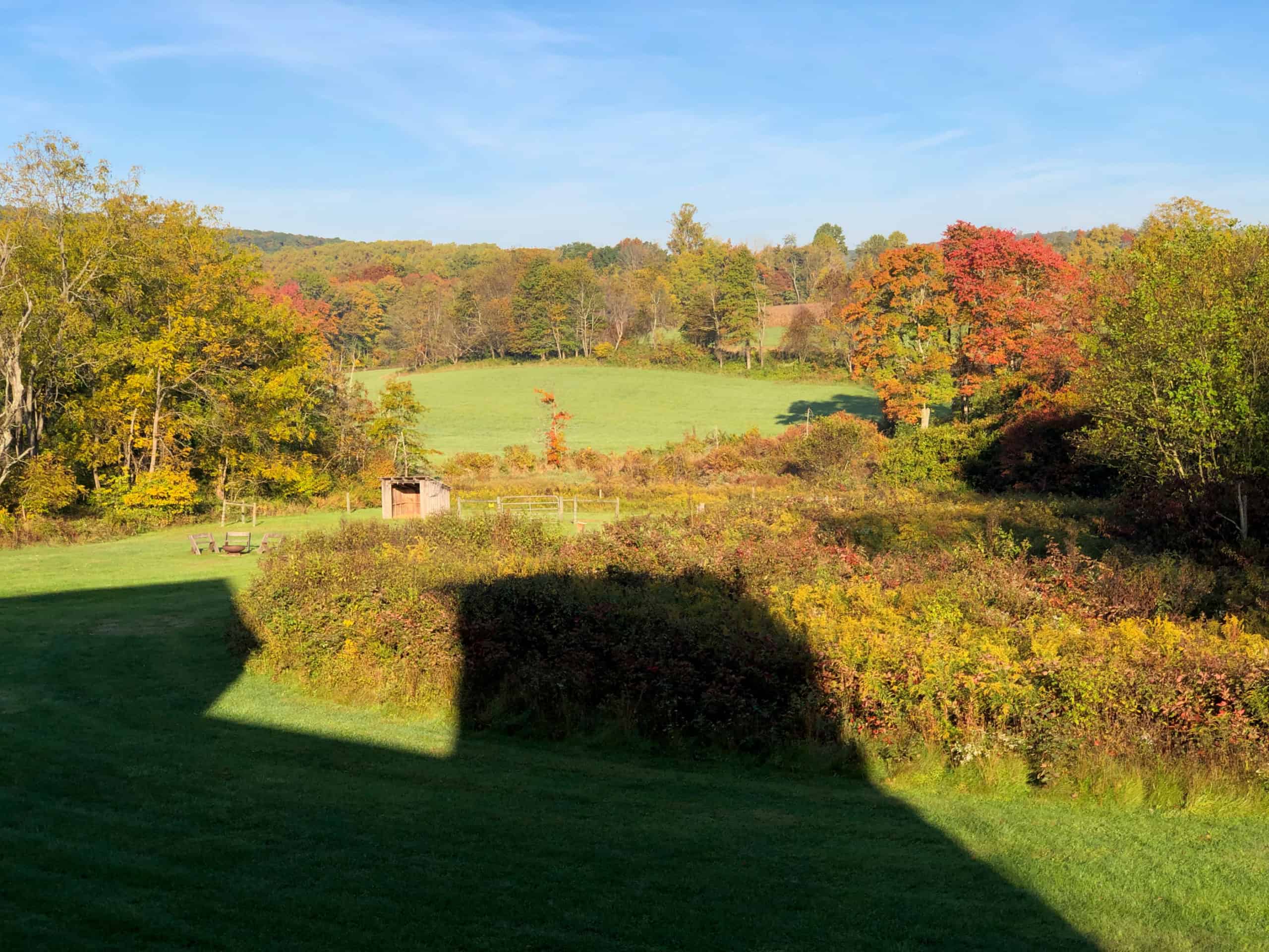 View of farm fields and woods at Crow's Nest Preserve with the shadow of the barn and silo in the foreground