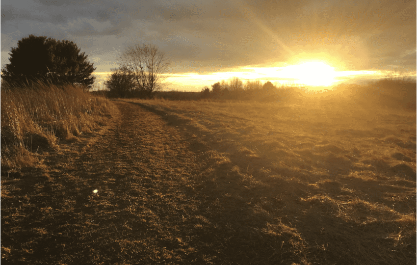 A blinking sunset over open space meadows and a trail.