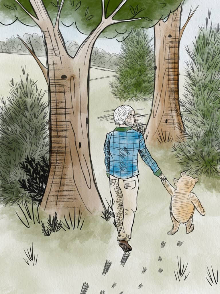 A watercolor and ink illustration of a man in a blue shirt walking through a green forest holding hands with a small bear.