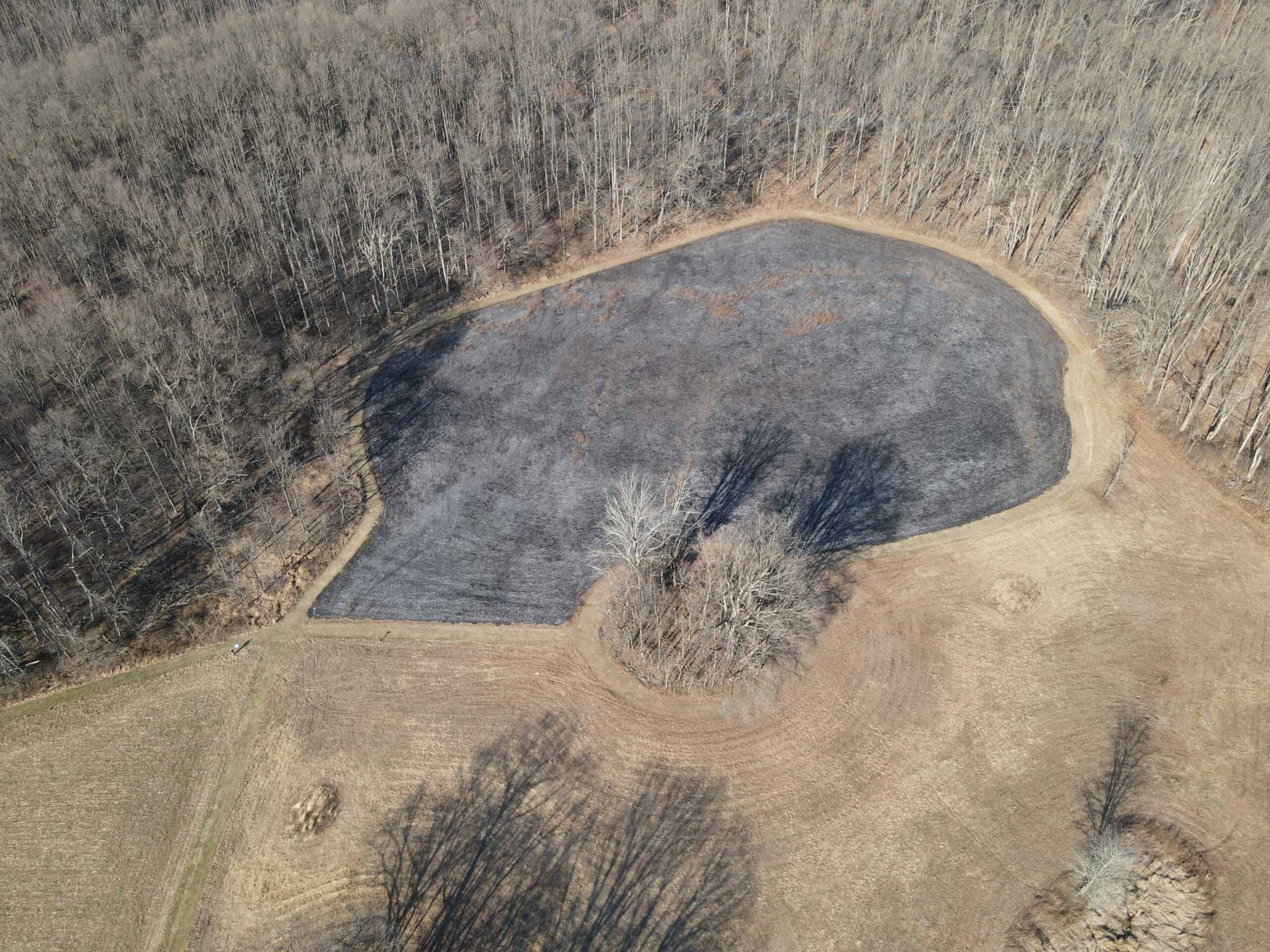 Drone photo of area burned in prescribed fire of meadow at Crow's Nest Preserve