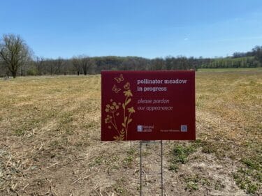 A dark red sign reads: "pollinator meadow in progress, please pardon our appearance" and it's in a dry meadow with blue sky above.