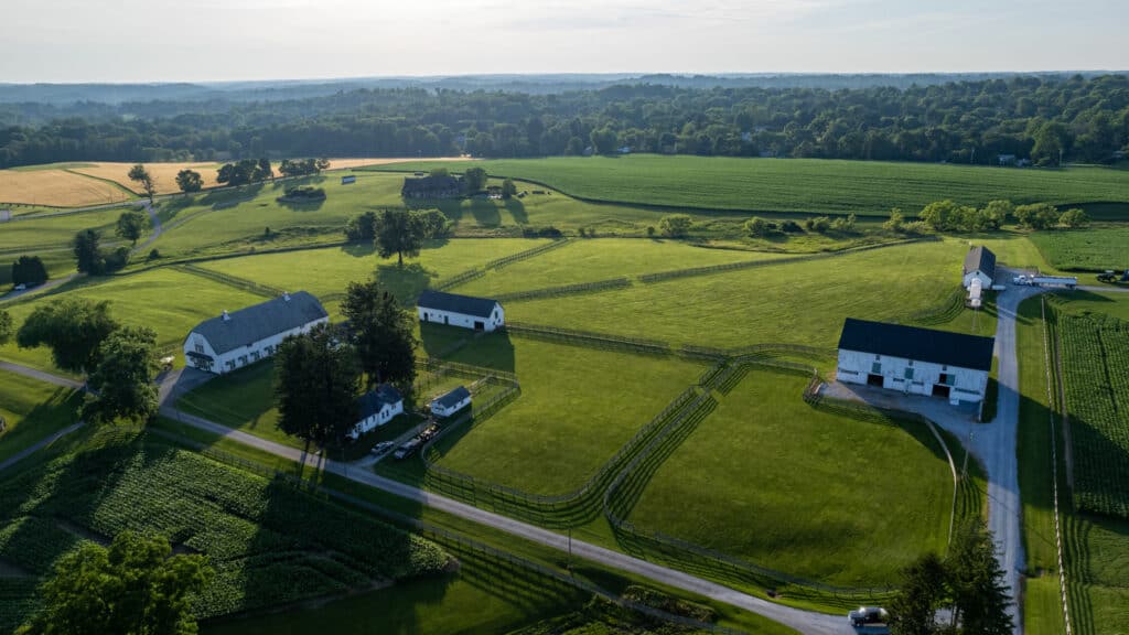 Drone photo of the green landscape of Crebilly Farm in Chester County.