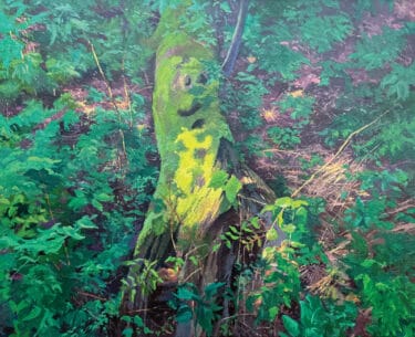 A painting of a sycamore tree in a forest by Gregory Blue.