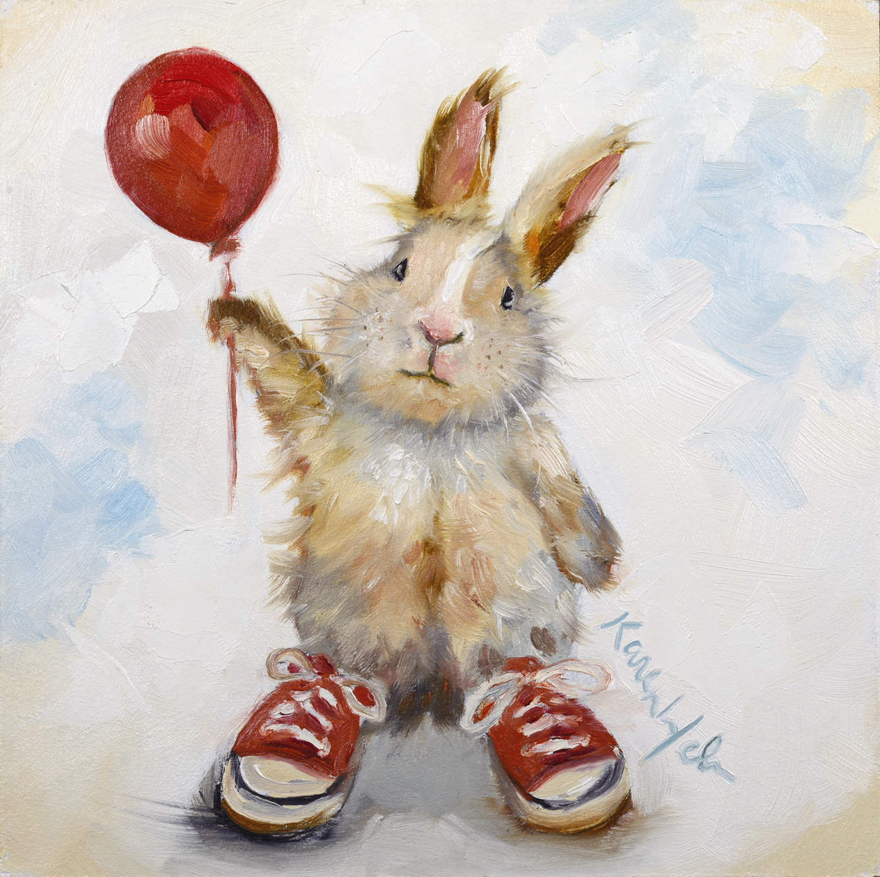 Whimsical painting by artist Karen Weber of a rabbit in sneakers holding a balloon