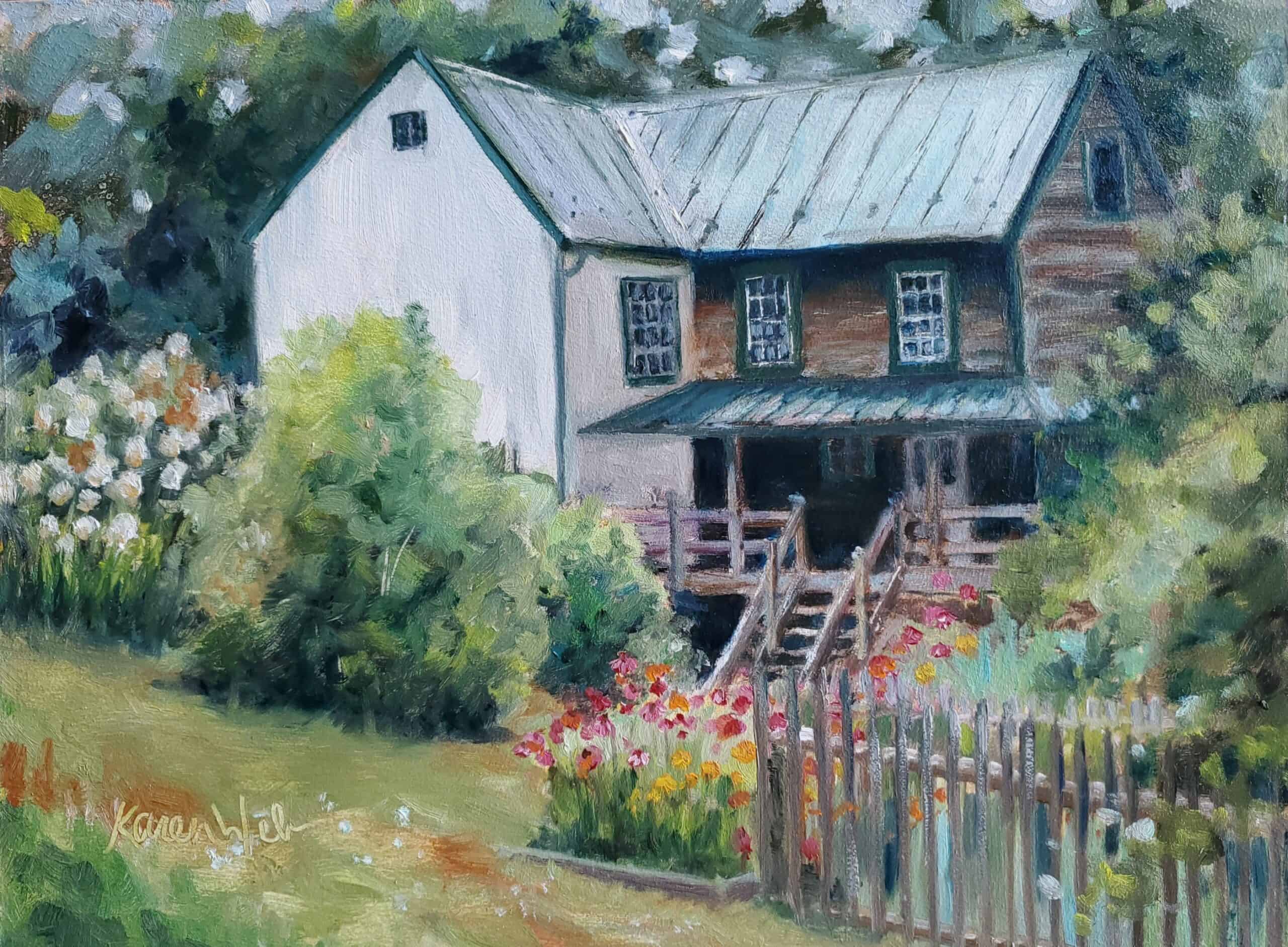 Painting by artist Karen Weber of the tenant house and gardens at Crow's Nest Preserve