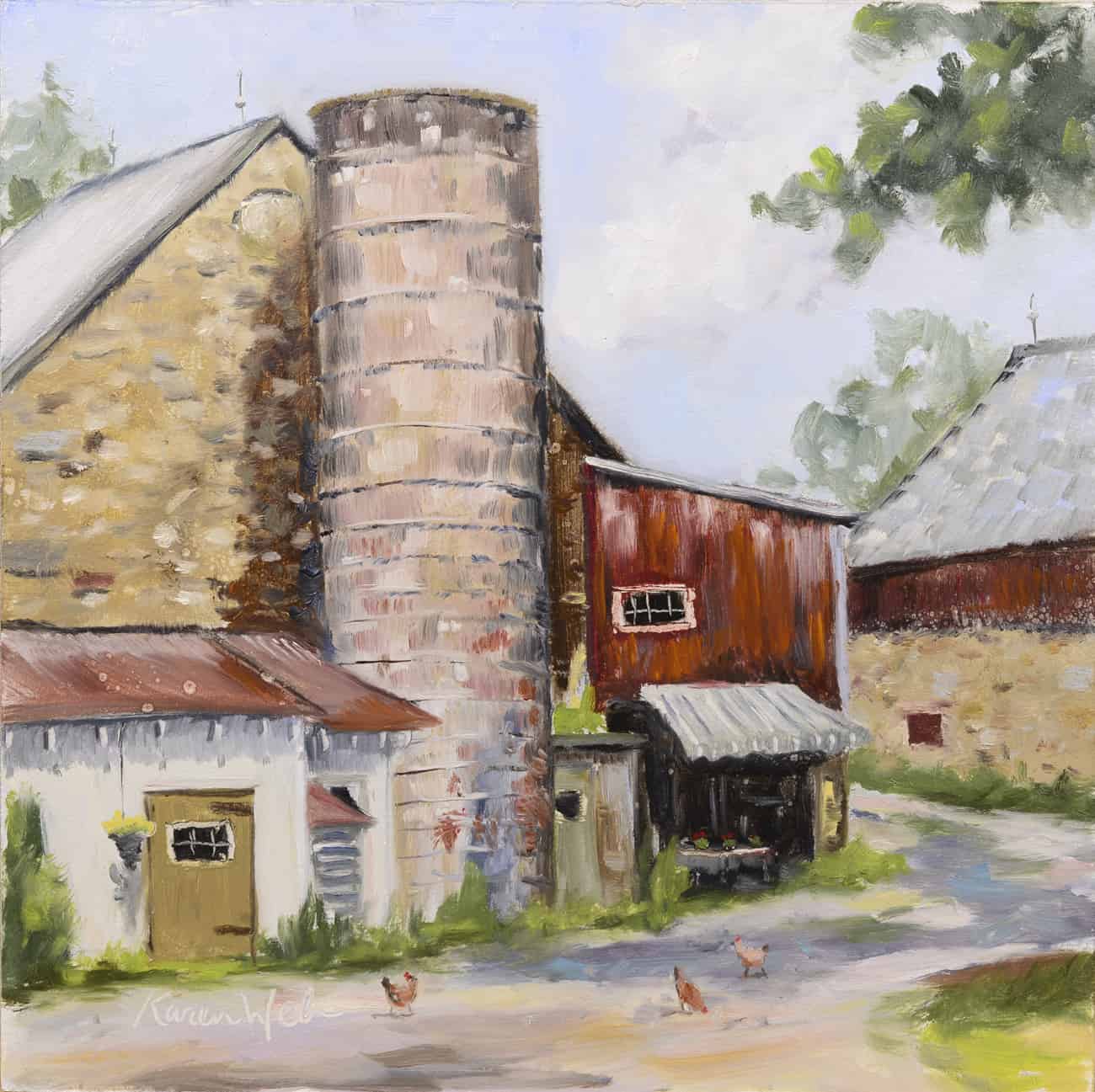 Painting by artist Karen Weber of a milk house and barn in Oley, Pennsylvania